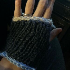 Hand-Knit Black and Cream Fingerless Gloves